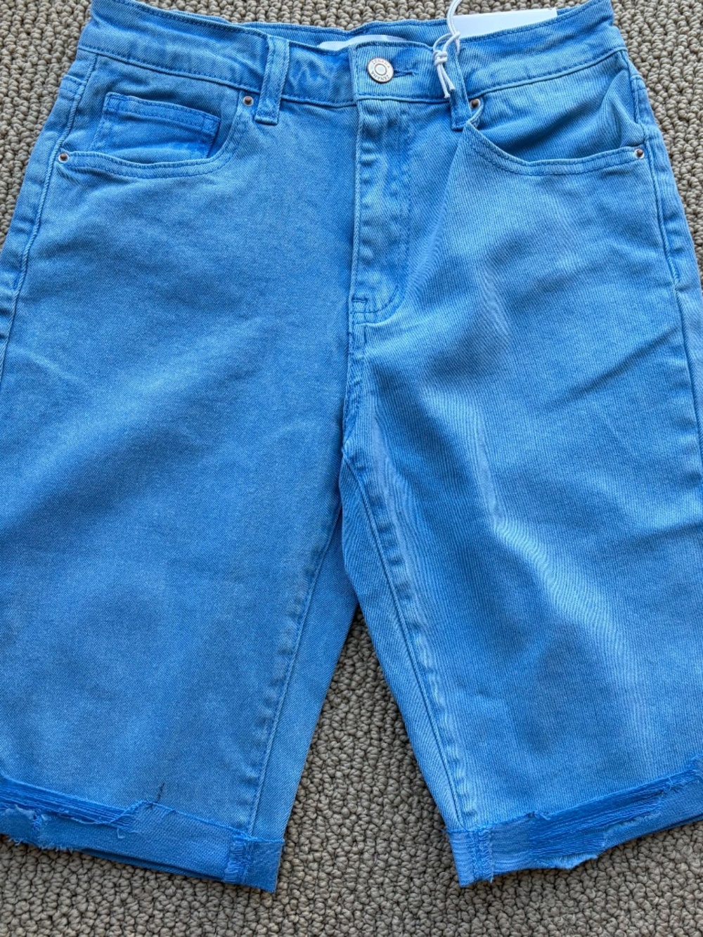 New Zenana Blue Distressed Bermuda Shorts Cuffed Mineral Wash Stretchy Comfy - Picture 2 of 6